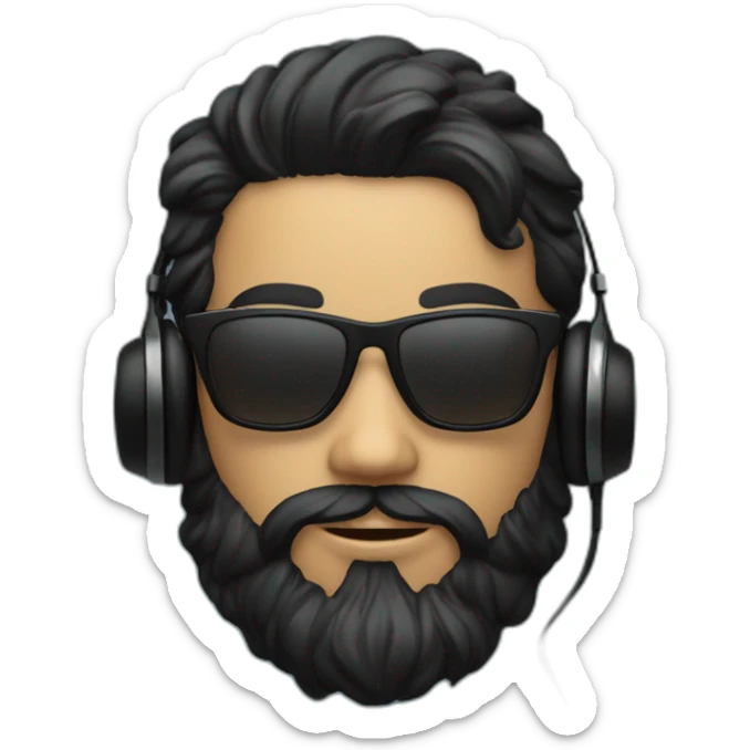 A stylish boy wearing headphones and sun glasses and in background music waves black hair black beard sticker