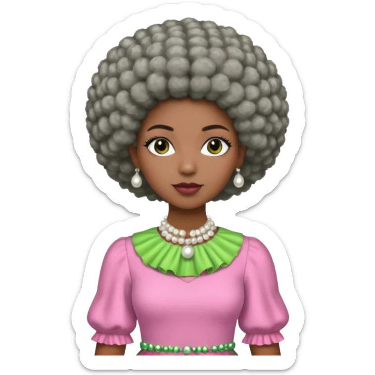 Brown woman with a very very stylish gray Afro  wearing pink and green dress  and pearl blouse with sleeves sticker