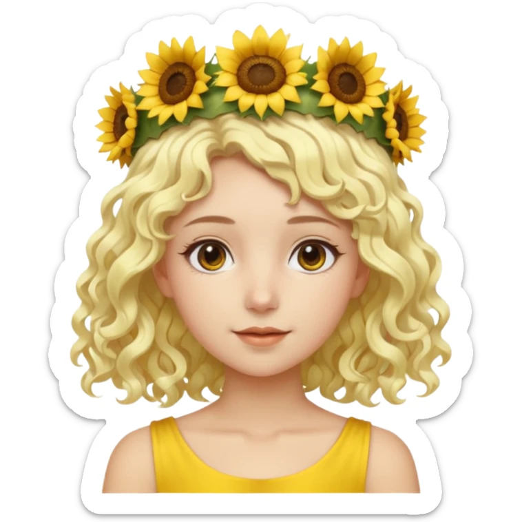 ["Fair skin female, short platinum-blonde curly hair, wearing a yellow sunflower crown."] sticker