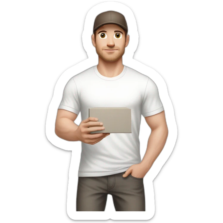 Pale skinned fit Man with dark brown hair in a light gray cap, dark brown jeans, brown polo and white T-shirt keeping a pasted with tape white box into his hands sticker
