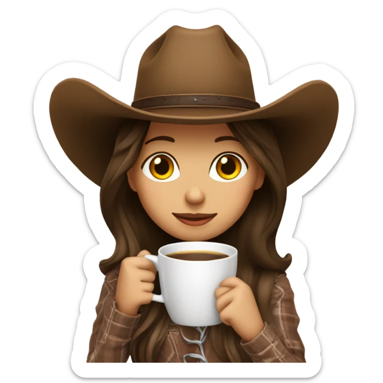 Cozy cowgirl wearing a cowboy hat sipping coffee. Brunette hair sticker