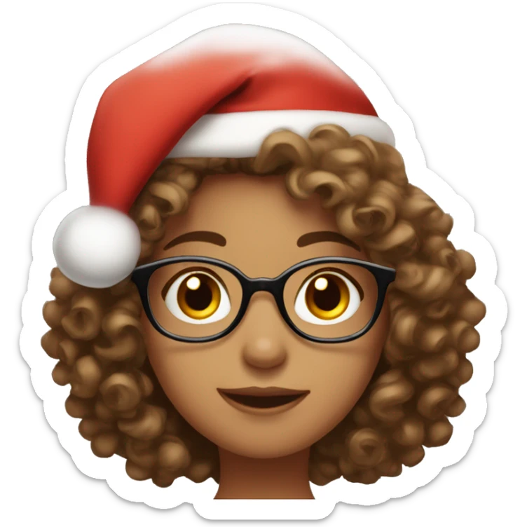 christmas girl with brown, large and curly hair, brown eyes, wearing glasses and a santa's hat sticker