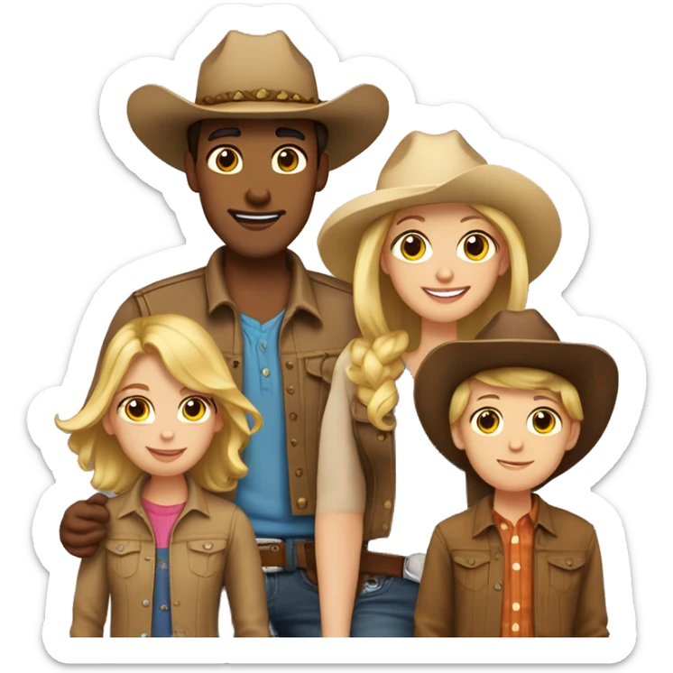 Family of five, all with cowgirl hats on, 2 blonde teenagers, 1 light brown haired mom, 1 little boy with brown hair and a brown hair dad sticker