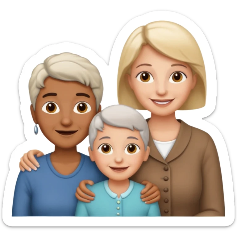 two kids (1 brown boy and 1 white girl) with their mother and grand mother smiling sticker