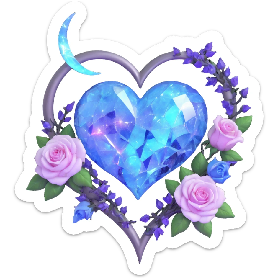 gothic heart made of pearl white glass, silver crescent moon, lavender roses, holographic stardust, neon blue lightning, drenched and splintered glass sticker