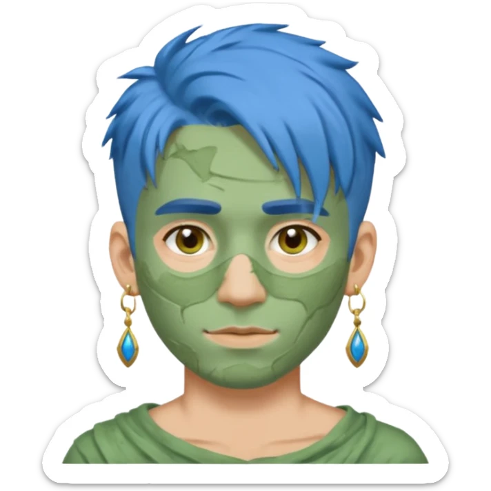 messy green clay mask man with earrings and blue hair sticker