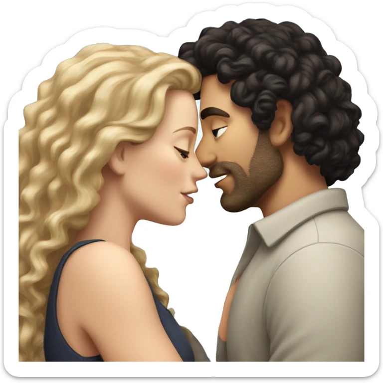 White Man with dark hair kissing white woman with long dark curly hair sticker