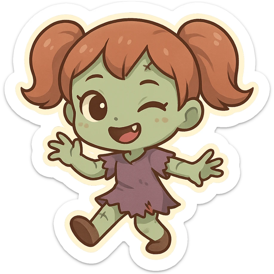 girl zombie with pigtails, greenish skin, playful style sticker