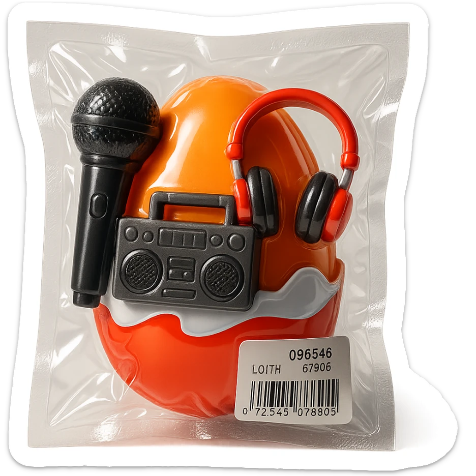 Kinder Surprise egg opened showing toys: microphone, boombox, headphones, shiny and inflated vacuum-sealed style sticker