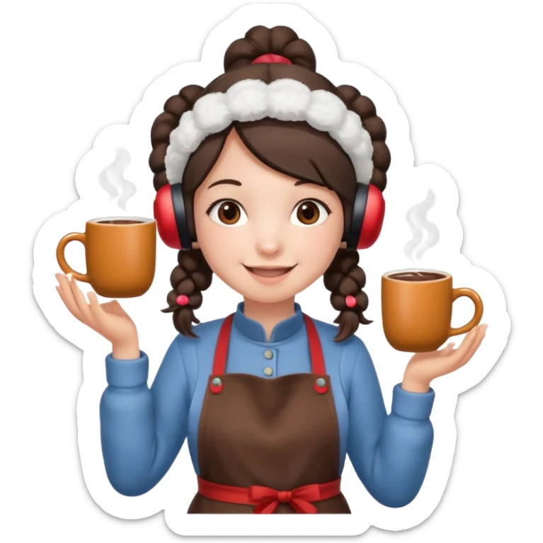 A cozy pig tail hair vendor with fluffy earmuffs, wearing apron handing out steaming cocoa with a warm smile. sticker