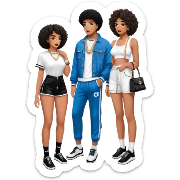 Man with loose curly tapered fro living his dream standing in the master bedroom of a mansion. He’s boo’d up with a pretty Brownskin big booty woman wearing a Chanel outfit with her holding a Chanel bag. The man has on a Fear of God Essentials outfit wearing designer socks. The man isn’t holding a bag sticker