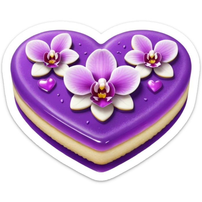 Realistic shortbread cookie in the shape of a heart with orchid purple color jelly middle filling and sprinkled powder sugar on top. sticker
