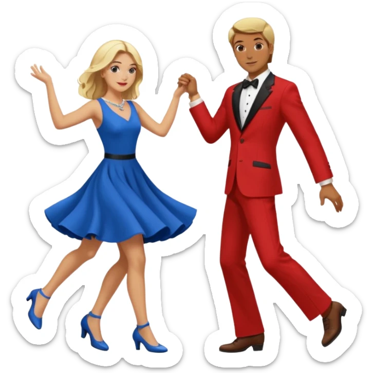 Two people. Man wearing all  RED with brown hair. Women  ALL blue with blond hair. Swing Dancing.  sticker