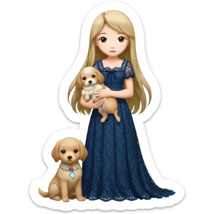 Pastel anime lady long hair with long lace dress full body holding puppy sticker