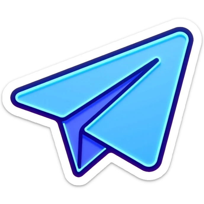 Telegram paper airplane logo in classic blue color, with neon glow lines, blue neon glow on top left, purple neon glow on bottom right sticker