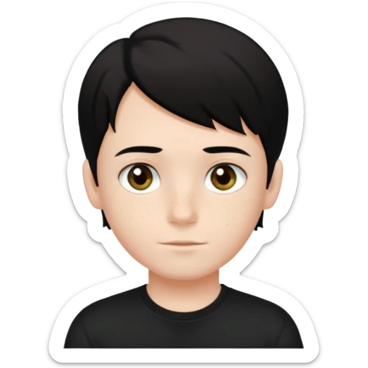 A beautiful boy with black hair and hazel green and brown eyes and white skin , with dark freckles and black t shirt with middle part hair hair with a center part haircut  sticker