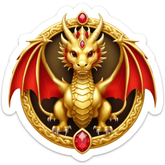 Golden dragon with wings crest / brosch in a circle with red gems and no background sticker