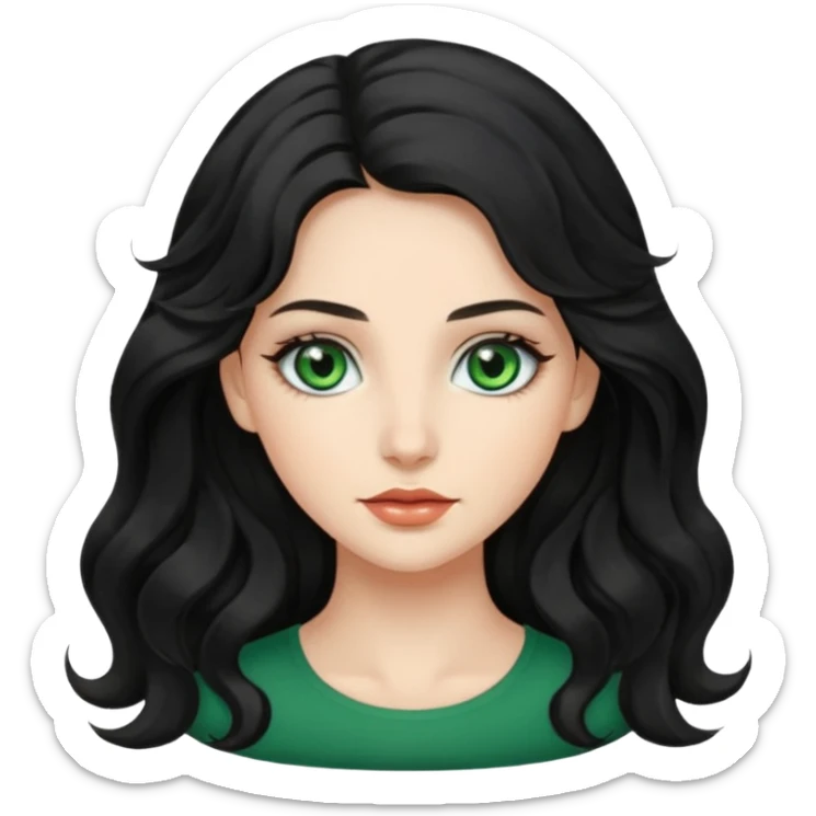 Caucasian girl with long, wavy black hair, green eyes, and pretty makeup. sticker