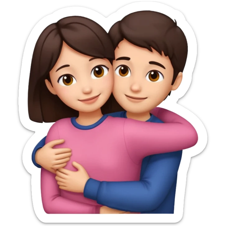 Girl and boy couple Both peach skin and darkish brown hair hugging emoji leaning on eachother sticker