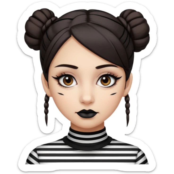 generate a pretty fair bratz girl with dark brown eyes. Dark brown hair straight hair with coloured highlights tied into buns.  eyeliner. black lipstick. Wearing a white and black striped top sticker