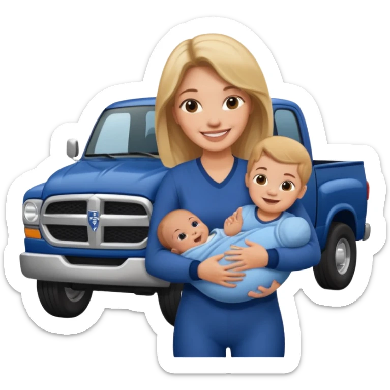 Lady with newborn baby and her tall dark blue dodge truck sticker