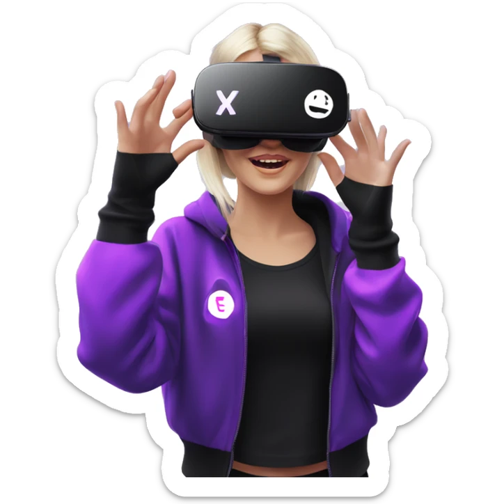 Russian girl wearing black hoody with violet letters "OMG", in vr headset oculus quest2. Dancing. Cyberpunk style. Violet neon. sticker