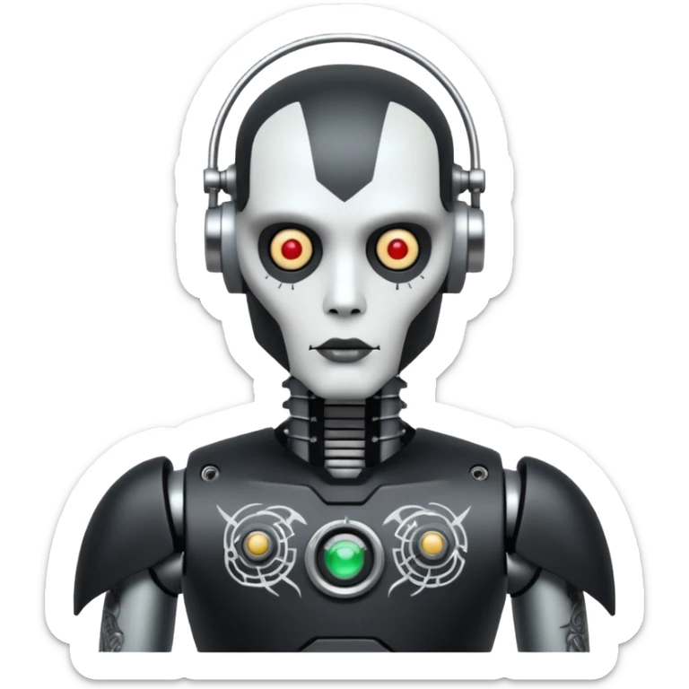 black metal Tatooed robot with radar, big many tatooes on chest, neck and face, white tatoo on face sticker