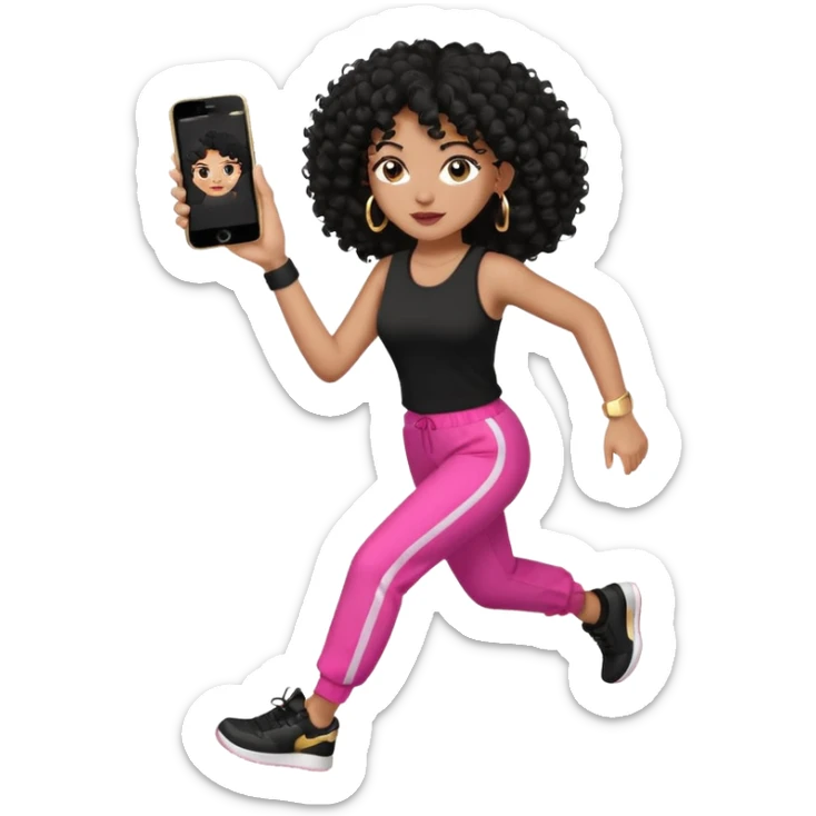 Black woman, adult, 4C black curly hair, dark brown eyes, wearing black top, pink pants, black sneakers, gold hoop earrings, iPhone emoji style na corrida  sticker