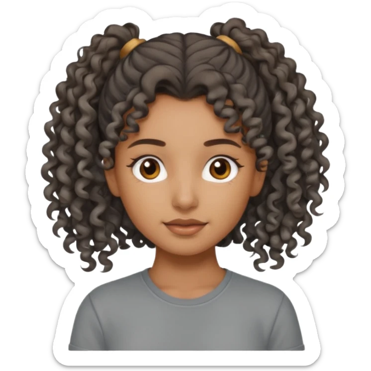 A girl Brown girl with a curly ponytail and has a Gray shirt and eyes are brown  sticker