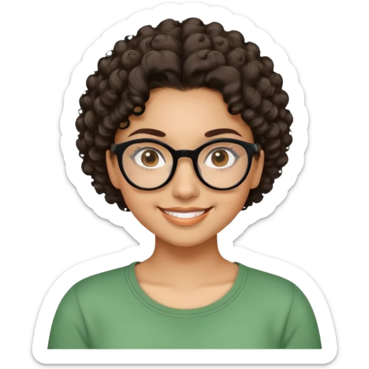 Young Latina woman with light brown skin. Round friendly face. Dark brown eyes with black-framed glasses. Thick arched eyebrows. Short voluminous curly hair. Big smile showing dimples. Wearing a green casual top. sticker