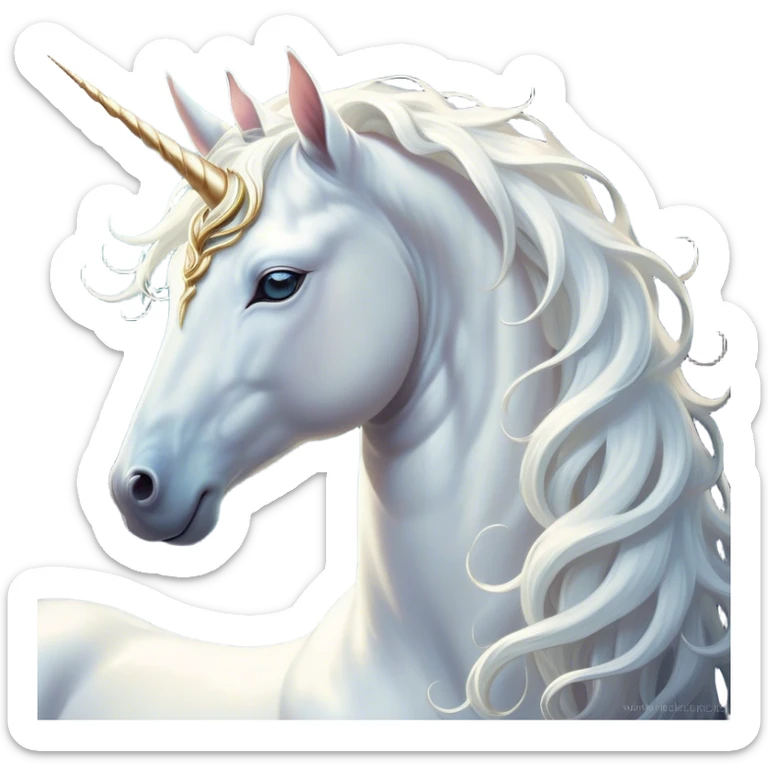 Beautiful and Majestic White Unicorn Portrait Emoji, Head and body exuding serene brilliance with a luminous, flowing mane and a gracefully spiraled horn, eyes gently closed in peaceful reverie, Simplified yet exquisitely enchanting features, highly detailed, glowing with a soft, celestial light, high shine, serene and utterly majestic, stylized with an air of timeless fantasy, soft glowing outline, capturing the essence of a beautiful and majestic white unicorn that embodies the pure magic of legend! sticker