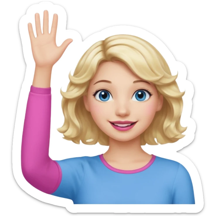 Girl Blonde short wavy hair,  blue eyes, cute blue top, long lashes, pink lips, smiling, hand in the air sticker