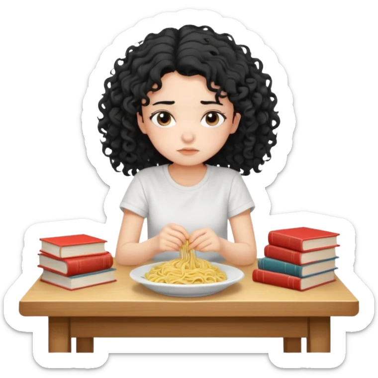 generate a pretty bratz fair skinned girl with curly black hair wearing a white tshirt sitting on a table with noodles and books. looking sleepy and tired and sad sticker