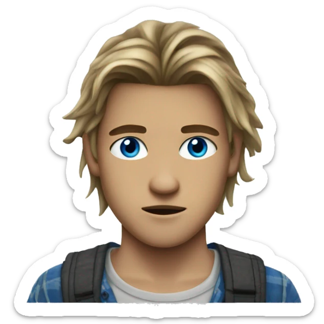 Blue eyed teenage man with a middle split long hair wearing a grunge shirt  sticker