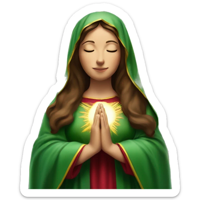 Virgin Mary: kind face looking down at the left, long brown hair, Wearing an emerald green  robe with gold stars and a burgundy red dress,  Hands in prayer or blessing. Halo around her head. standing in front of a big sun. colorful roses on the sides  sticker