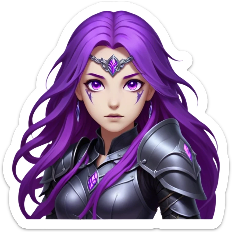 A mysterious warrior girl with long, flowing purple hair catching the dim light. Her glowing violet eyes stare forward, unwavering. She wears sleek black armor, adorned with silver runes that pulse faintly with hidden power. A dark mist swirls at her feet, hinting at the energy she commands. sticker