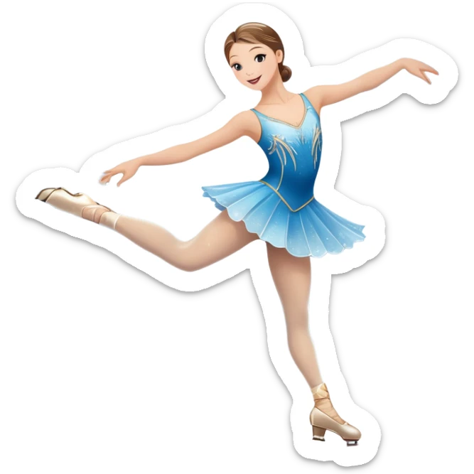 An icon showing a graceful figure skater mid-spin on a sparkling ice rink, wearing an elegant costume. The background features festive arena lights, snowflakes, and cheering spectators. Transparent background captures the beauty, artistry, and elegance of figure skating. sticker