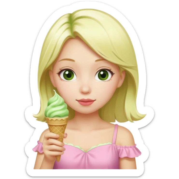 girl blonde long hair in pink dress,  eating matcha ice cream sticker
