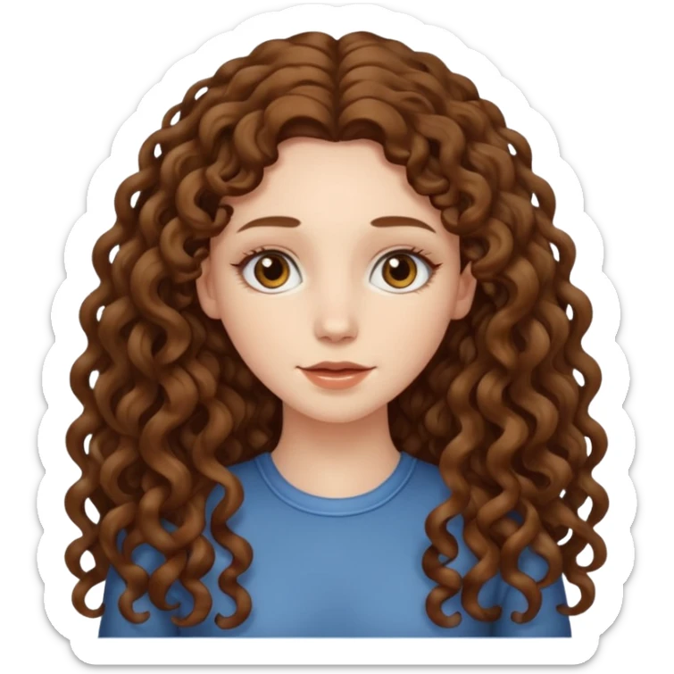 pale woman with brown curly very long hair, middle part. the hair is very long, waist length, but you can't see her waist sticker