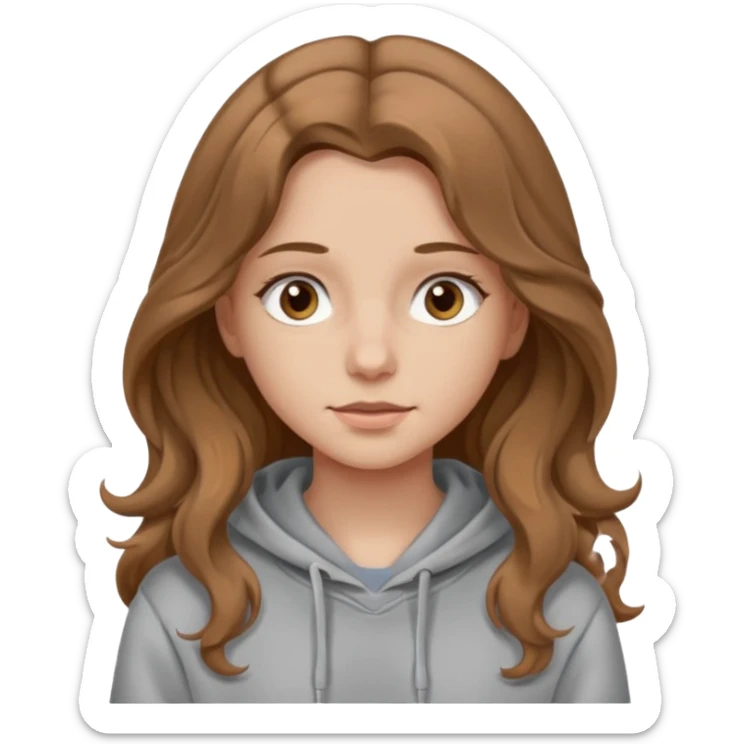 Girl with long and light brown hair and wear hoody and her hai is somethig betwwen curly and stright and her eyes is same color with her hair her skin is white sticker