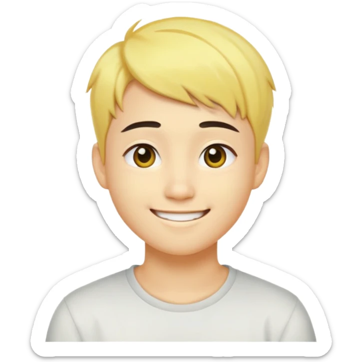 nam 20 tuổi, da vàng, mặt hơi tròn, tóc side part ngắn màu vàng, mặt cười tươi vui vẻ, lông mày màu đen sticker