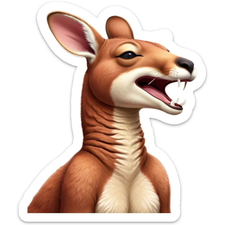 Cinematic Cute Yawning Adult Red Kangaroo Portrait Emoji, Head tilted slightly with a dramatic, wide-open yawn, showcasing a sturdy, reddish form with a distinct red kangaroo-shaped head, a relaxed elongated snout, and sleepy, half-closed eyes, Simplified yet irresistibly adorable features, highly detailed, glowing with a soft, cozy outback glow, high shine, relaxed yet expressive, stylized with a dash of whimsical charm, soft glowing outline, capturing the essence of a drowsy yet affectionate kangaroo that appears ready to stretch and yawn its way out of the screen! sticker