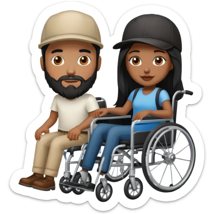 Beige skin man with a beard and cap in a wheelchair and a dark brown skin woman with long black hair in a wheelchair  sticker