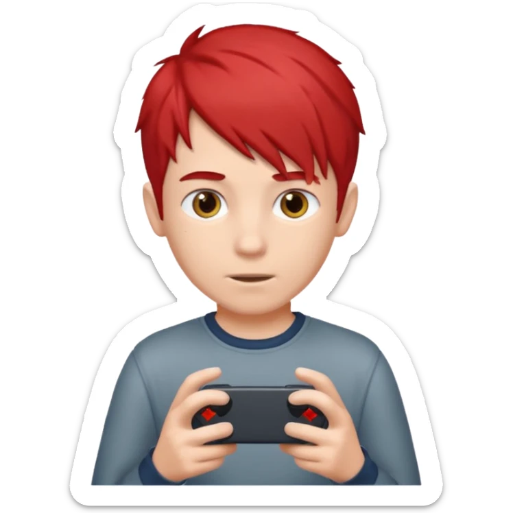 A boy with half gary hair and half red hair playing video game in is mobile  sticker