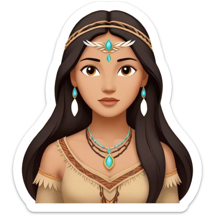 Cinematic Radiant Pocahontas Portrait Emoji, rendered in a vector-style with clean lines. Show Pocahontas with luminous, sun-kissed skin and flowing dark hair adorned with subtle natural ornaments, her expression calm and kind, dressed in simple traditional attire with earthy tones. The image glows softly with a warm, inviting radiance, enhanced by a soft glowing outline. sticker