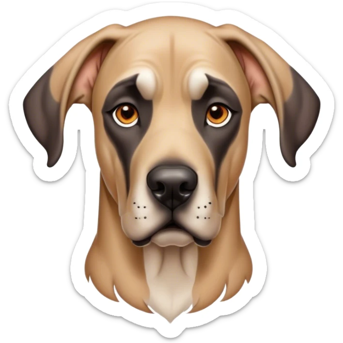 Cinematic Noble Fawn Great Dane Portrait Emoji, Poised and regal, with a towering, muscular build and a sleek, well-groomed solid fawn Fur accented by subtle dark markings, deep-set soulful amber eyes, Simplified yet sharp and sophisticated features, highly detailed, glowing with a soft, dignified glow, high shine, intelligent and gentle, stylized with an air of majesty, focused and attentive, soft glowing outline, capturing the essence of a watchful and confident guardian, so majestic it feels as though it could stride out of the screen with effortless authority! sticker