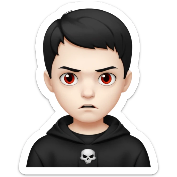 Vampire boy with the short black hair, pale-white skin, black eyes, little fangs and dark circles under his eyes. He has serious face and he wear a black oversize sweatshot sticker