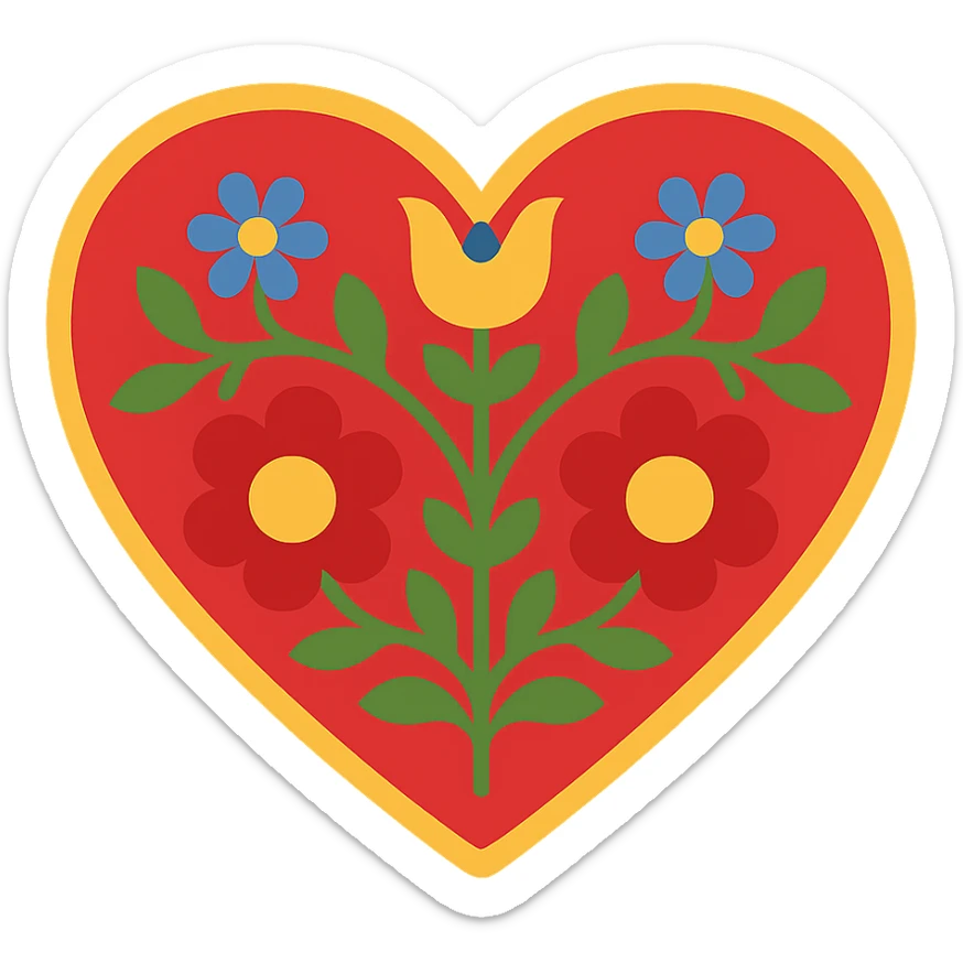 Red heart with Slavic folk art nature motif, featuring bright folk colors and simple, bold stylized flowers and vines. The design is easily recognizable when downsized and includes a border around the heart. sticker