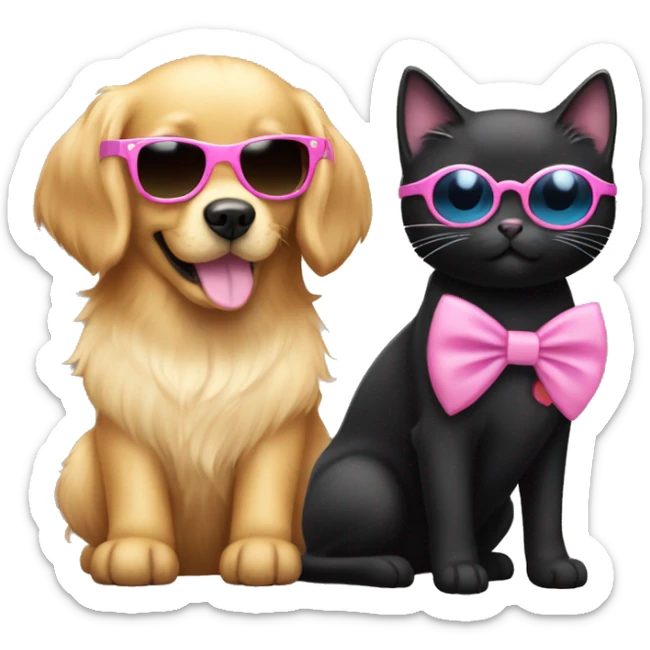 Cute small golden retriever wearing a pink bow in her hair and a black cat with shades on sticker