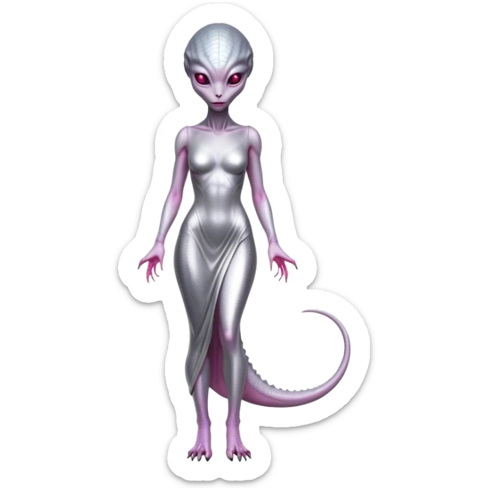 alien reptilian woman in silver dress, full body pink eyes sticker